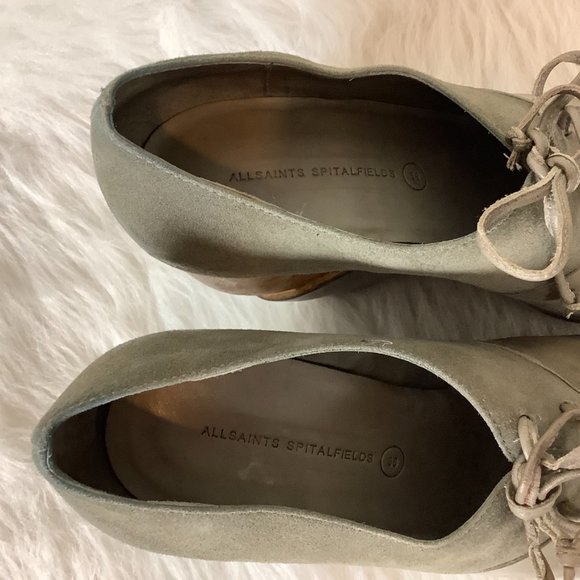 Allsaints Gray Graphite Bura Platform Oxford Wooden Wedge Heels EU 38 - Picture 4 of 9